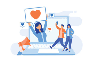 Virtual influencer Influencer marketing, digital agency service, virtual character, computer-generated person, social media, brand avatar flat design modern illustration