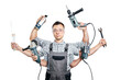 Funny craftsman with 6 arms and tools - on transparent background