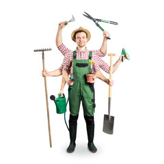 Funny gardener with multiple arms and tools