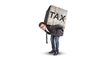 businessman carrying a heavy stone with the word tax on it