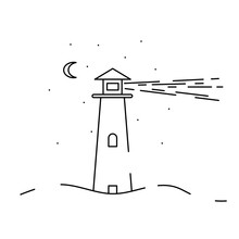 Lighthouse At Night Icon In The Middle Of The Calm Sea With Moon And Stars In The Sky For Web Designs. Isolated Illustration On White Background In One Line Style