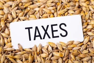 Poster - Paper with inscription Taxes on barley grain. Paying taxes of growing wheat concept