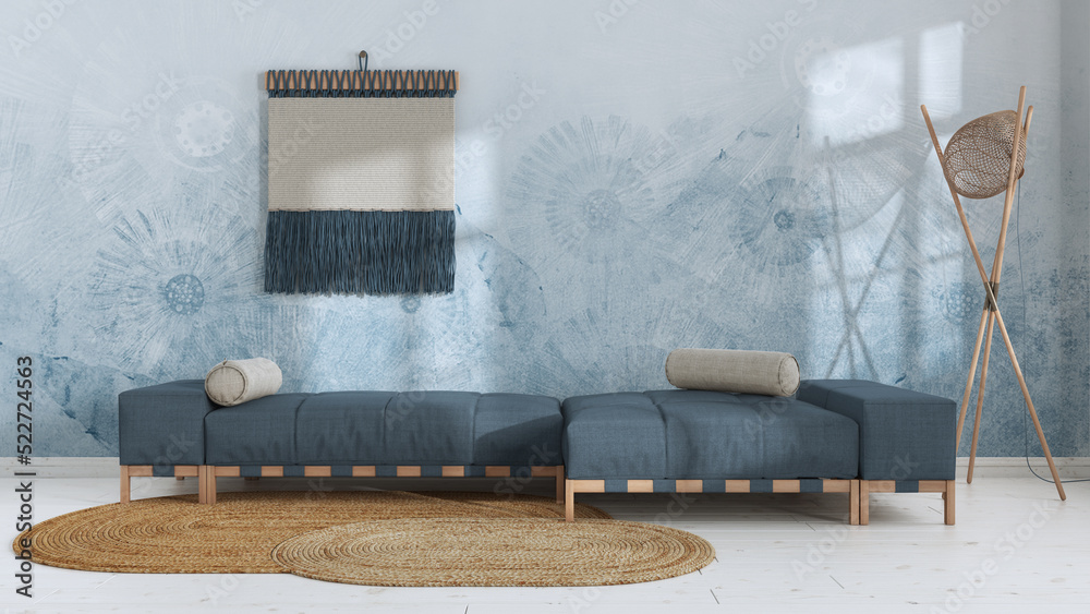 Wabi sabi living room in white and blue tones with decorated plaster ...