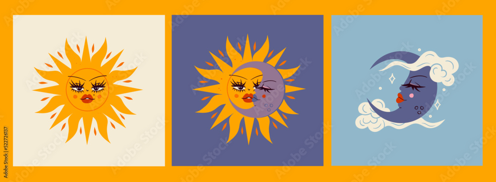 Hand drawn Sun and crescent Moon with faces. Design elements, logo ...