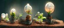 The Light Bulb Is Located On The Soil. And Plants Grow  Digital Art Illustration Painting Hyper Realistic