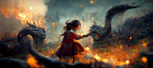 Fantasy Scene Showing The Girl Fighting The Fire Dragon Digital Art Illustration Painting Hyper Realistic