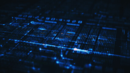 Fototapete - Advance digital generated motion abstract matrix cyber environment big data analytic artificial intelligent metaverse simulation, head up display background