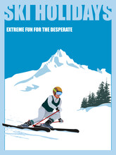 Poster. Advanced Woman Skiers Slides Near The Mountain Downhill. Cross-country Skiers. Sports Descent On Skis From The Mountain. Vector Illustration.