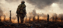 Soldier Standing Alone After The War In Battlefield Digital Art Illustration Painting Hyper Realistic