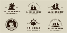 Set Of Sailboat Or Sailing Ship Logo Vintage Vector Illustration Template Icon Graphic Design. Bundle Collection Of Various Retro Marine Boat Sign Or Symbol For Travel Business