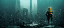 Under Water Scene Of The Futuristic Diver Standing Digital Art Illustration Painting Hyper Realistic