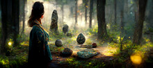 Woman With Her Sword Looking At The Mysterious Floating Digital Art Illustration Painting Hyper Realistic