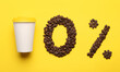 Leinwandbild Motiv 0 percent made of coffee beans and paper cup on yellow background, flat lay. Decaffeinated drink