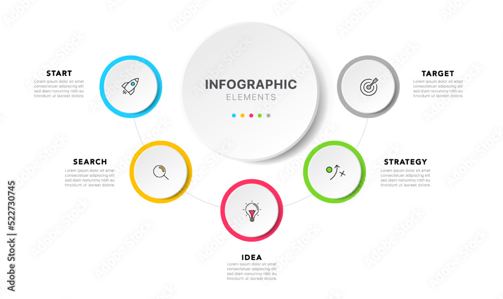 Timeline circle infographic design with 5 options or steps ...