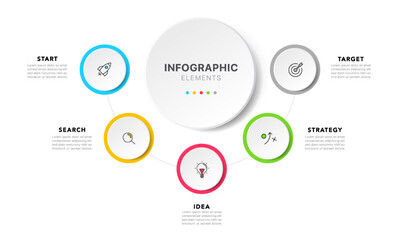 Poster - Timeline circle infographic design with 5 options or steps. Infographics for business concept. Used for presentations workflow layout, banner, process, diagram, flow chart, info graph, annual report.