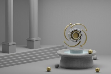 Poster - Beautiful abstract illustrations Gear symbol icon on a fountain and column background. 3d rendering illustration.