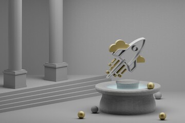 Poster - Beautiful abstract illustrations Rocket symbol icon on a fountain and column background. 3d rendering illustration.