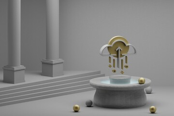 Fototapete - Beautiful abstract illustrations Upload symbol icon on a fountain and column background. 3d rendering illustration.