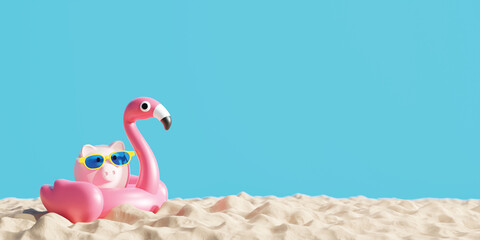 Travel savings concept design of piggy bank with sunglasses and inflatable flamingo on the sand beach Tropical summer 3D render