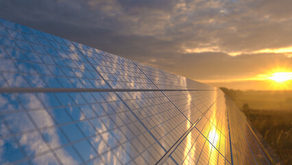 Solar panel background. Sun Above the Solar Farm. 3d rendering