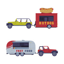 Set Of Dood Trucks. Side View Of Vans For Hotdog And Fast Food Selling Cartoon Vector Illustration