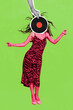 Leinwandbild Motiv Advert poster collage of luxurious girl with vinyl disc face dance energetic pinup disco isolated green color background
