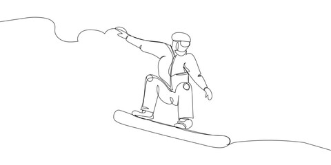 Guy riding a snowboard one line art. Continuous line drawing sport, winter sports, do tricks, snowboarding, competition, extreme, uniform, man, leisure, hobby.