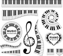 Piano keys decorative design elements. Set of musical vector isolated decorations.