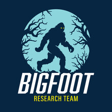 Bigfoot Research Team Poster. Full Moon Sasquatch Silhouette Walking Logo. Hairy Wild Man Cryptid Sign. Mythical Forest Creature In The Dark Woods Graphic. Vector Illustration.