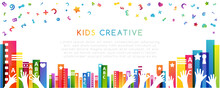 Colorful Books, Children Hands Up And Fun Letters Confetti. Horizontal Frame. Kids Creative Conceptual Vector Illustration.