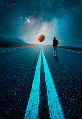 Wall Mural - road to the moon in the desert at night with walking silhouette of a person