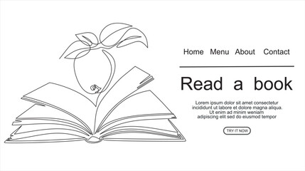 Wall Mural - book with continuous one line drawing. Illustration of educational supplies back to school theme for website landing page. Order a banner for one line drawing.