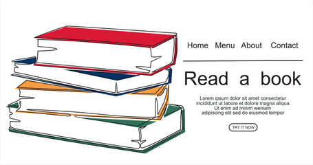 Wall Mural - book with continuous one line drawing. Illustration of educational supplies back to school theme for website landing page. Order a banner for one line drawing.