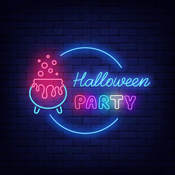 Halloween party neon label on brick wall. Potion cauldron. Scary holiday emblem. Vector stock illustration