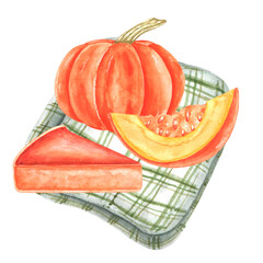 Pumpkin pie watercolor illustration. Homemade baking. Pumpkin pie, pumpkin slice, pumpkin, checkered napkin. Recipe, cookbook. Vintage. Isolated. For printing on a postcard, poster, sticker.