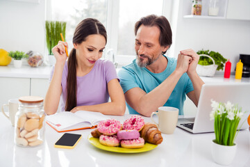 Sticker - Photo of pretty cute age boyfriend girlfriend wear t-shirts working modern gadgets creating breakfast recipes indoors room home