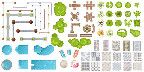 Wall Mural - architectural elements top view for landscape design. set of outdoor furniture, fence, trees, swim p