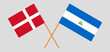 Crossed flags of Denmark and Nicaragua. Official colors. Correct proportion