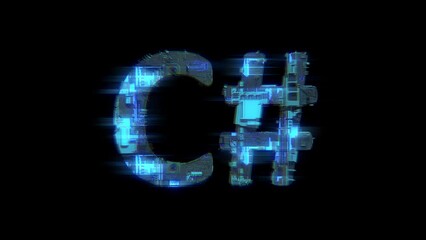 Poster - abstract glitch cybernetical text C# glowing blue electrical light, isolated
