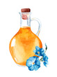 Glass bottle of linseed oil and blue flax flowers. organic product. natural culinary ingredient. Watercolor illustration