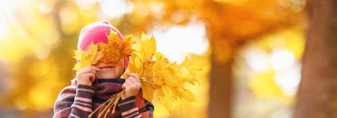 Happy child hiding his eyes behind the maple leaves.