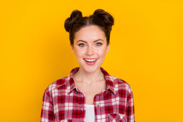 Wall Mural - Photo of satisfied glad young lady toothy smile look camera isolated on yellow color background