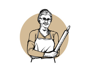 Grandma Holding Rolling Pin. Rolling Pin Kitchenware Vintage Vector. Wooden Rolling Pin Pastry Cooking Tool Ware. Bakery Kitchen Utensil Item Engraving Mockup Hand Drawn