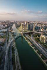 Wall Mural - Aerial view of Octavio Frias de Oliveira Bridge (Ponte Estaiada) over Pinheiros River at sunset - Sao Paulo, Brazil