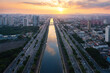 Tiete River, Marginal Tiete Highway and Limao Bridge aerial view at sunset - Sao Paulo, Brazil