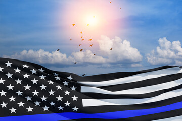 Wall Mural - American flag with police support symbol Thin blue line on blue sky with birds. American police in society as the force which holds back chaos, allowing order and civilization to thrive. 3d-rendering.
