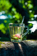clover tea in a glass mug