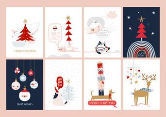 Wall Mural - set of christmas new year winter holiday greeting cards with xmas decoration