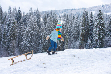 Wall Mural - Boy kid sliding with sledge in the winter snow. Christmas kids holidays and Happy New Year. Snow covered trees in the mountains on winter landscape.