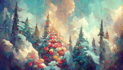 Fairy forest, christmas big snowy fir trees against background. Natural Scenery Realistic Illustration. 3D Render beautiful artwork. Colorful Impressionism.